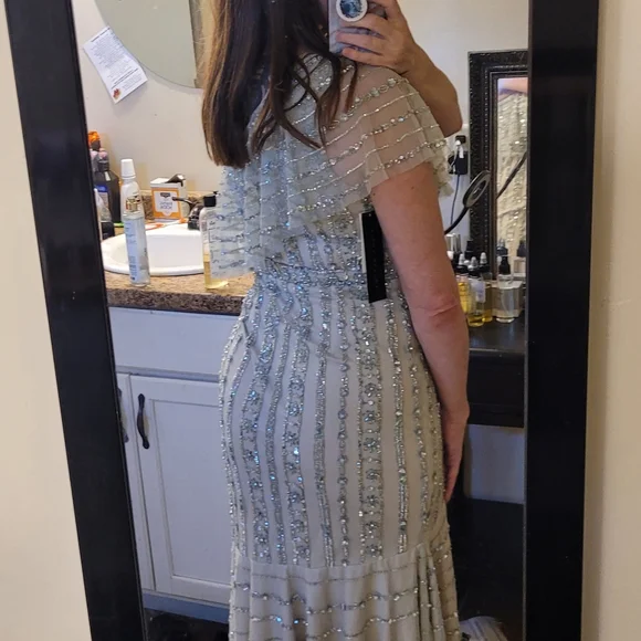 sage beaded dress Adrianna Papell One-Shoulder Beaded Metallic Floral Gown main image 1